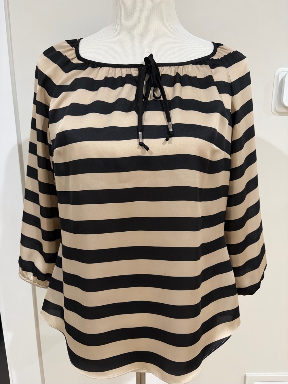 WHBM Striped Beige and Black Peasant Blouse - Women Tops- Small